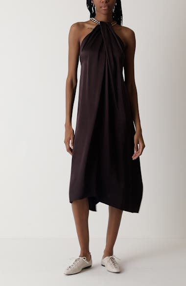【送料&関税込】Stella McCartney Chocolate Satin Halter Jump Women Chocolate brown Chain Halterneck Satin Jumpsuit
