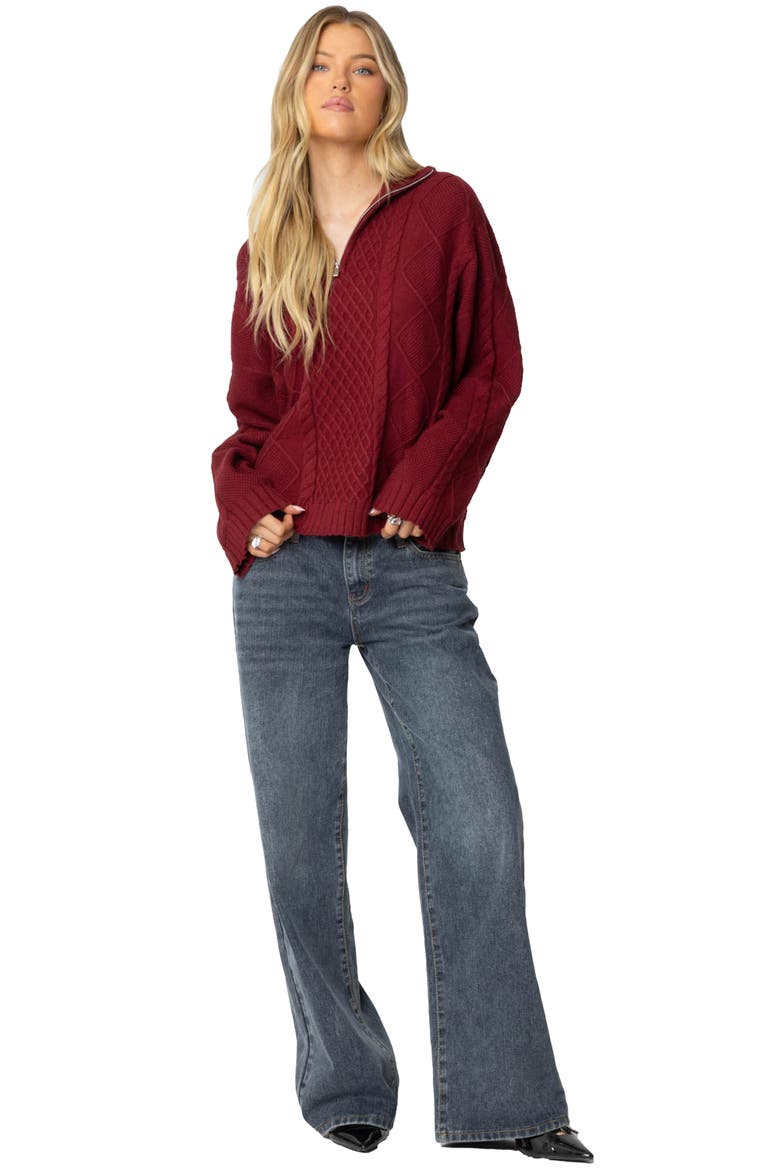 Cable Stitch Oversize Quarter Zip Pullover Sweater, Alternate, color, BURGUNDY