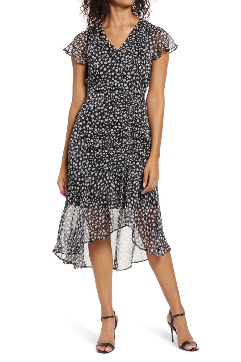 Printed Ruched Midi Dress, Main, color, BLACK/ WHITE