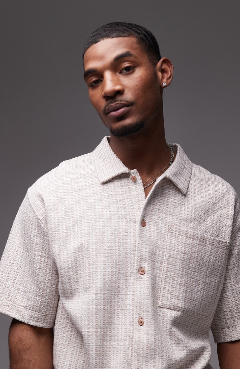 Topman Oversize Textured Stripe Short Sleeve Knit Cotton Button-Up Shirt, Alternate, color, Ecru