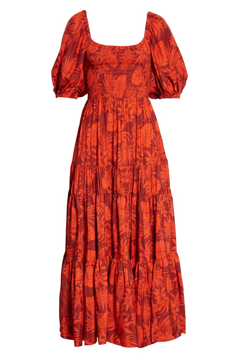 Smocked Bodice Silk Maxi Dress, Alternate, color, RAISIN/ POPPY PALM