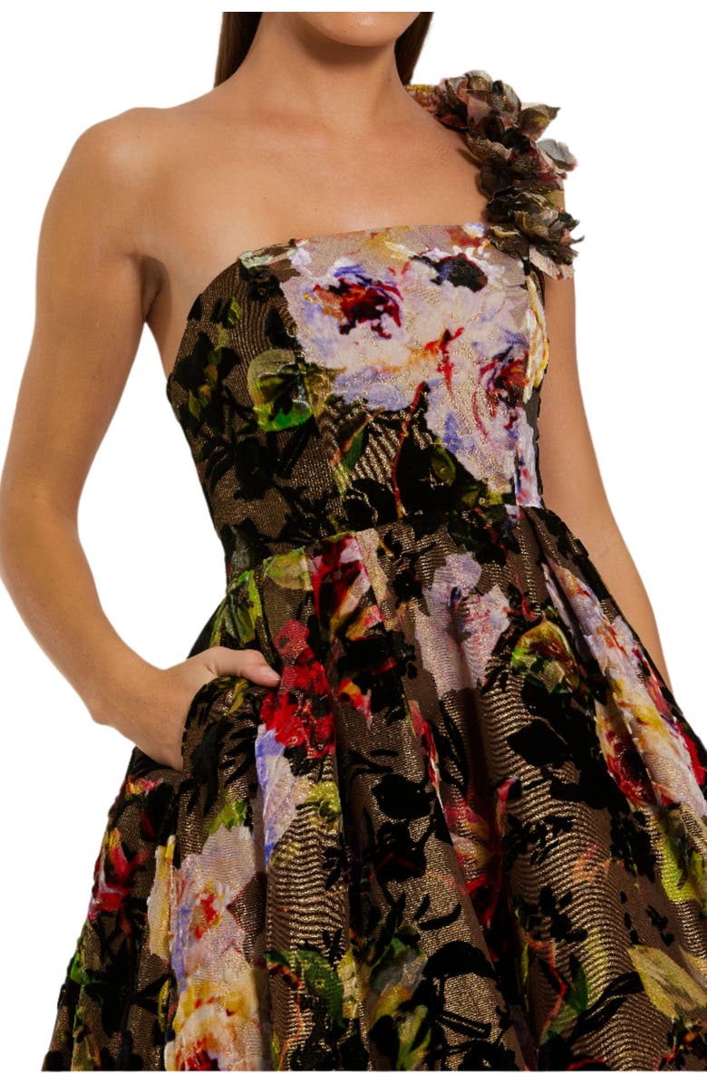 Mac Duggal Multicolor One Shoulder Embossed Organza 3D Flower Gown, Alternate, color, Black Multi