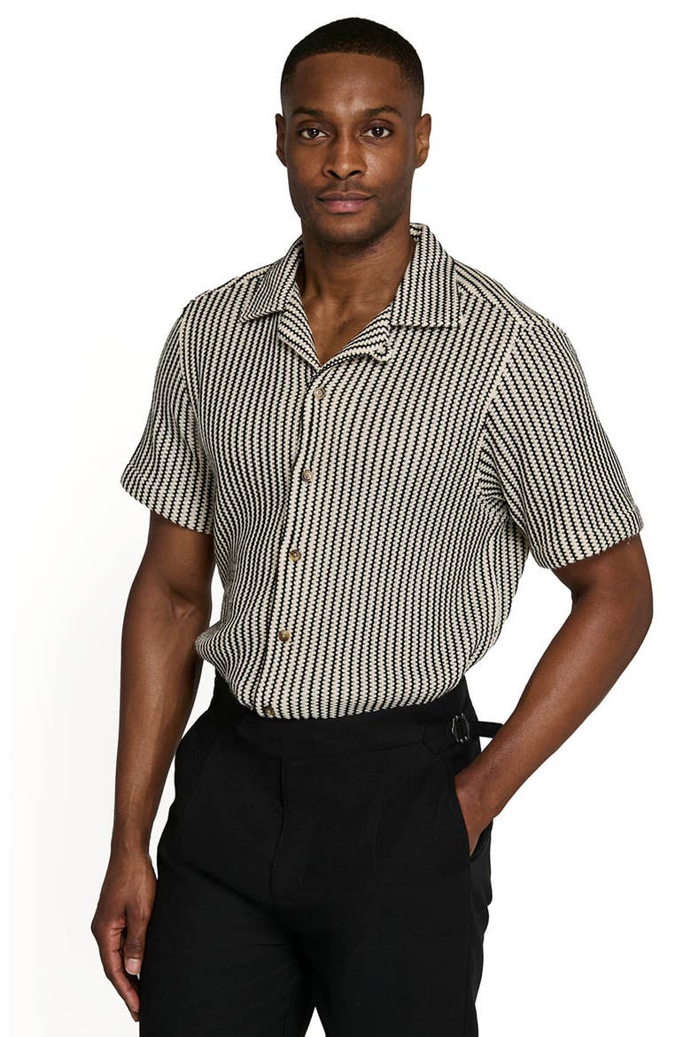 Bedford Striped Crochet Camp Shirt, Alternate, color, BLACK/BROWN