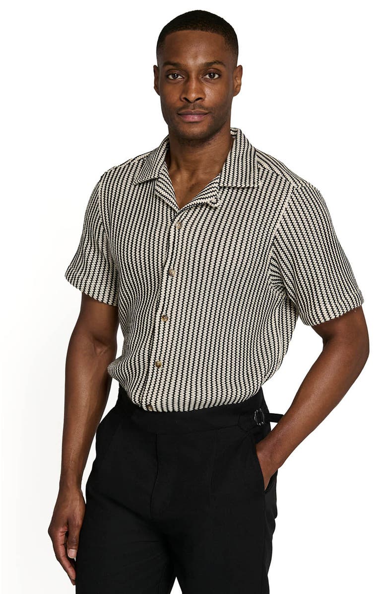 Brooklyn Brigade Bedford Striped Crochet Camp Shirt, Alternate, color, Black/Brown