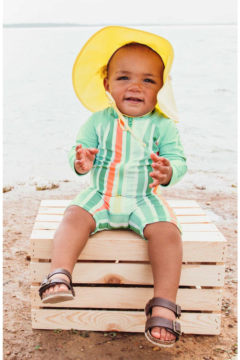 Saltwater Stripe One-Piece Rashguard Swimsuit & Hat Set, Alternate, color, YELLOW