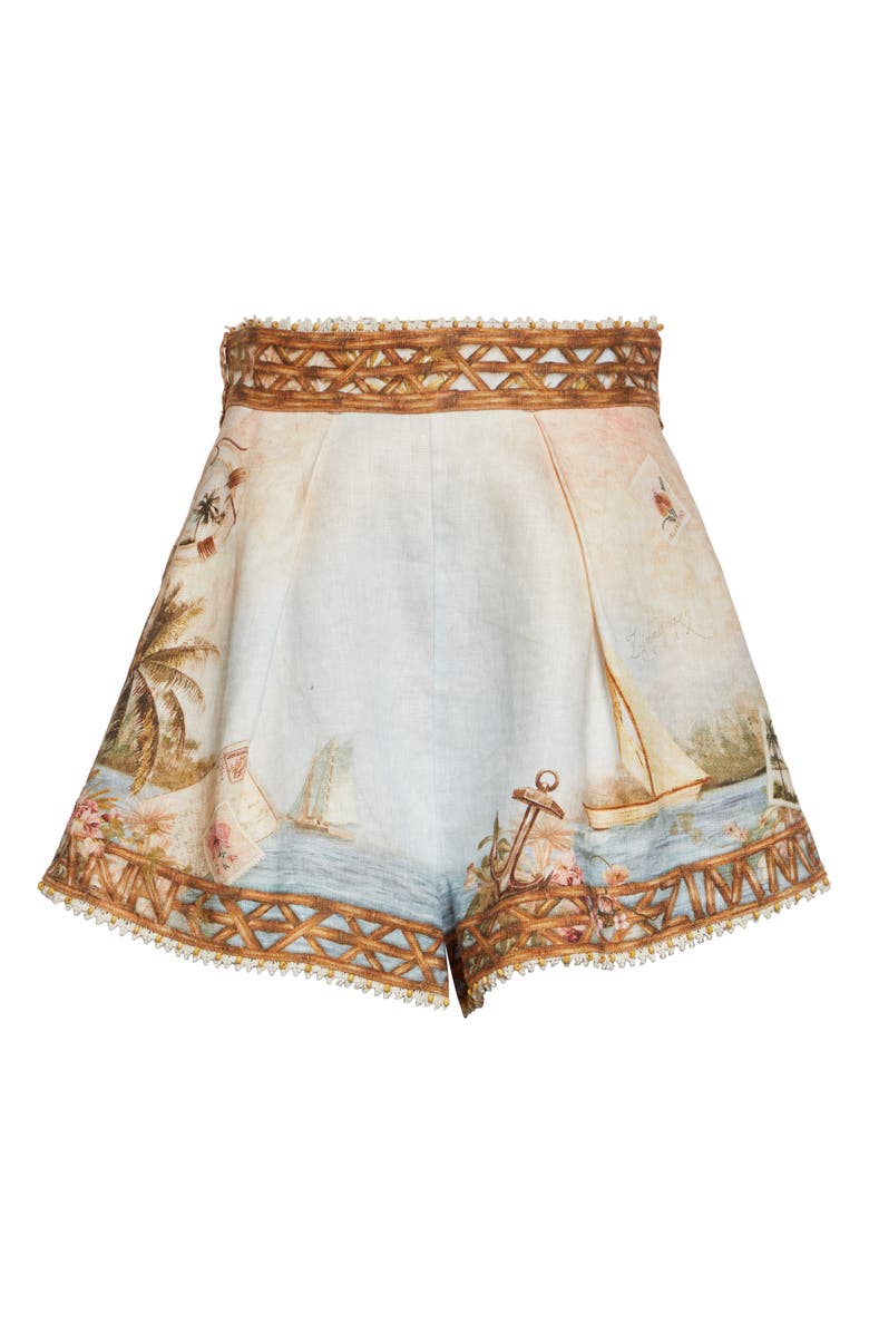 Zimmermann Mahon Postcard Print Linen Shorts, Alternate, color, Island Map Blue