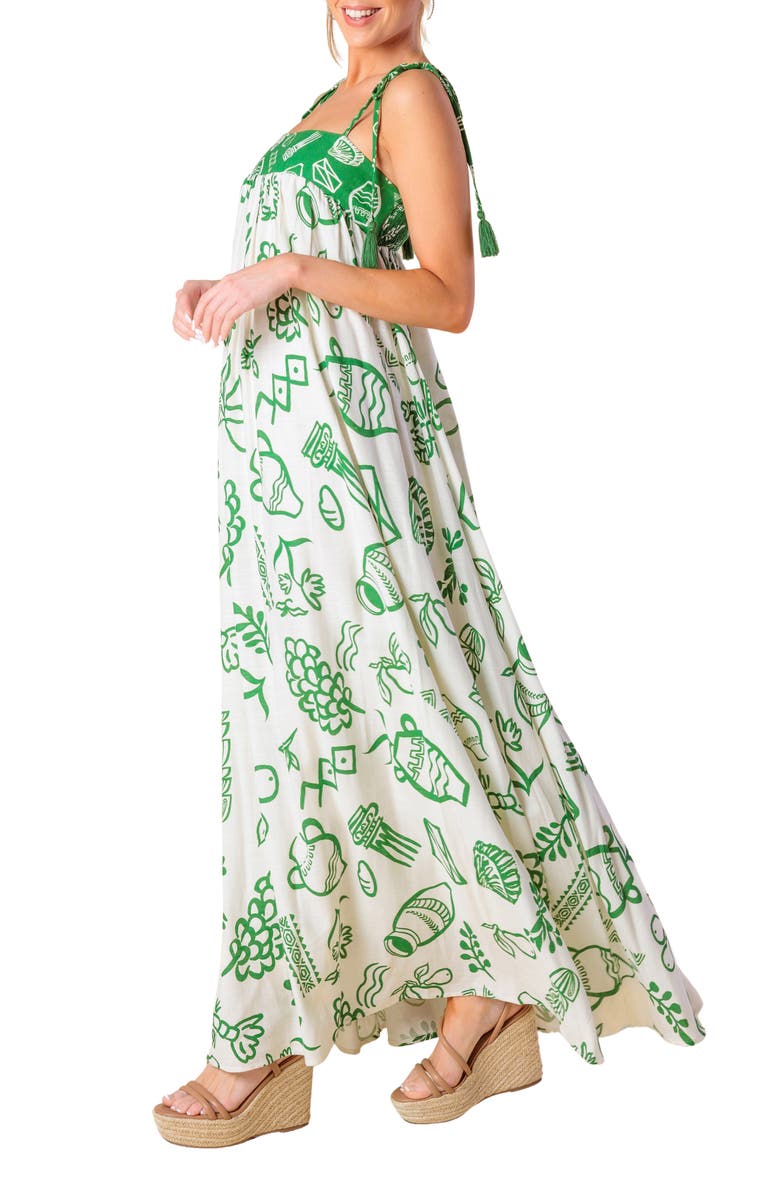 FLYING TOMATO Shoulder Tie Print Maxi Dress, Alternate, color, Ivory Green