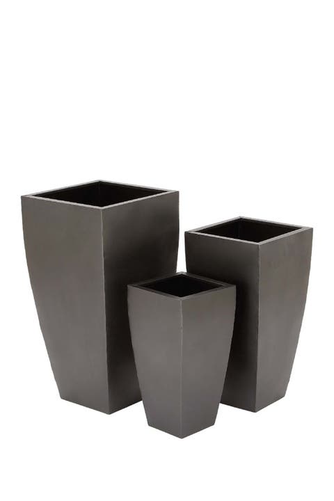 Dark Gray Metal Contemporary Planter with Tapered Base and Polished Exterior - Set of 3