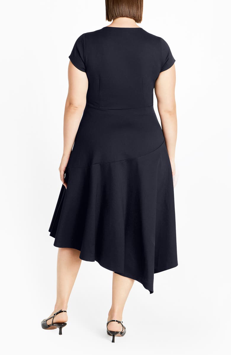 City Chic Sunny Asymmetric Hem Ponte Dress, Alternate, color, Navy