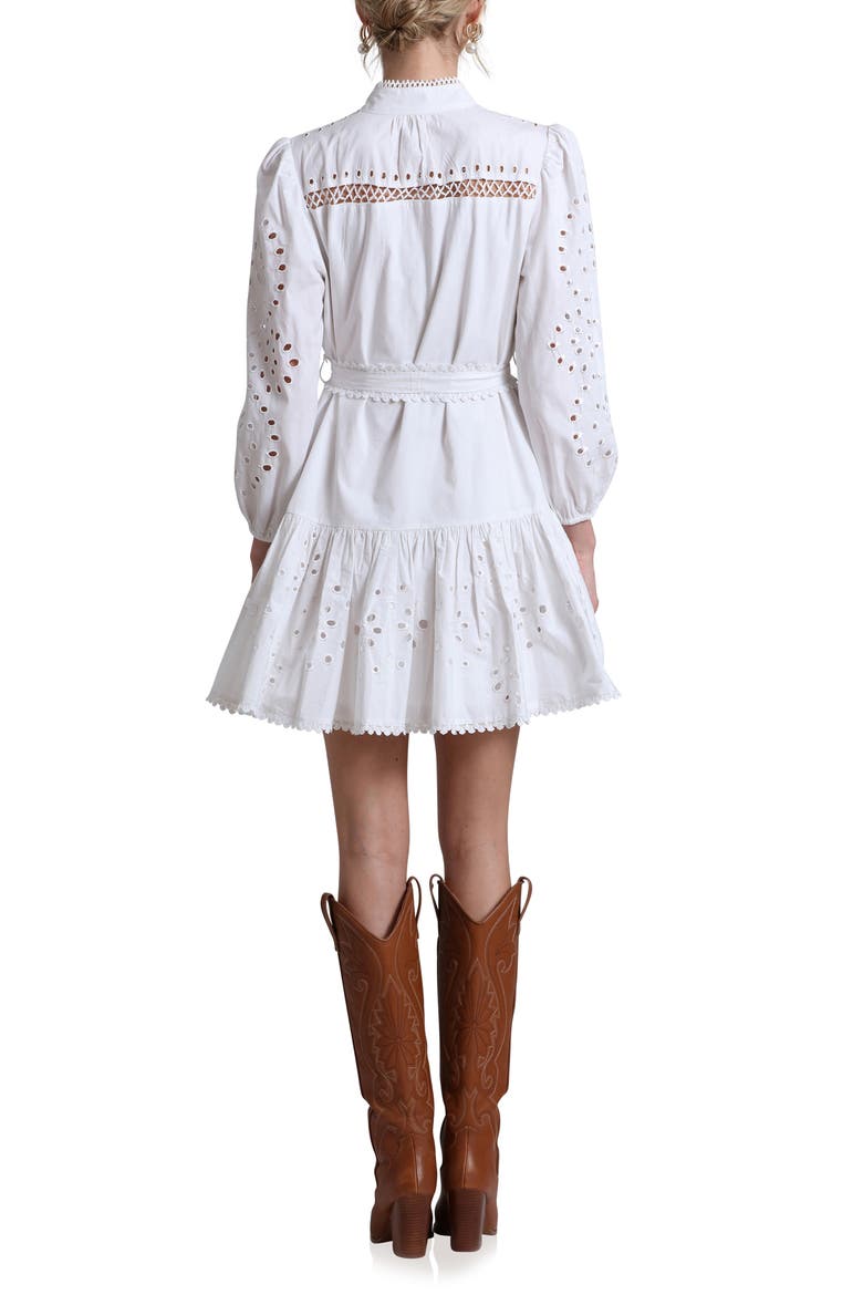 Eyelet Tie Belt Long Sleeve Mini Shirtdress, Alternate, color, WHITE
