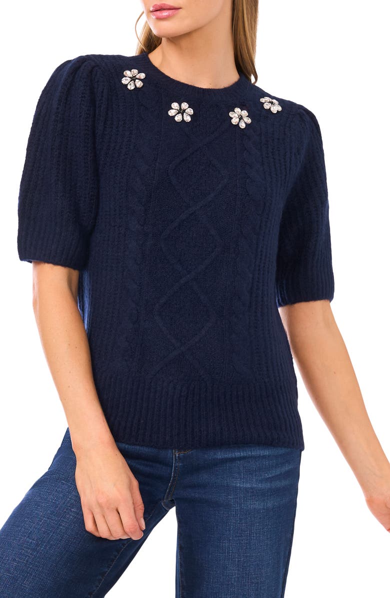 CeCe Faux Jewel Embellished Cable Puff Sleeve Sweater, Main, color, Classic Navy