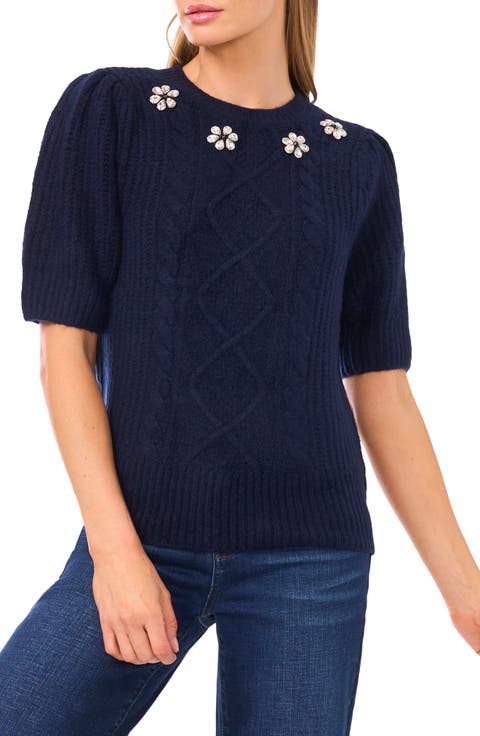 Faux Jewel Embellished Cable Puff Sleeve Sweater