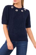 CeCe Faux Jewel Embellished Cable Puff Sleeve Sweater