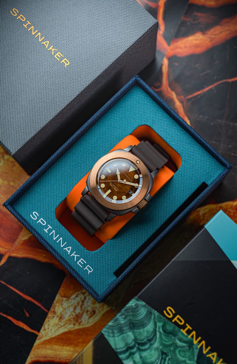 SPINNAKER Hull Titanium Bronze Automatic Lapidary Tiger's Eye Silicone Strap Watch, 42mm, Alternate, color, 