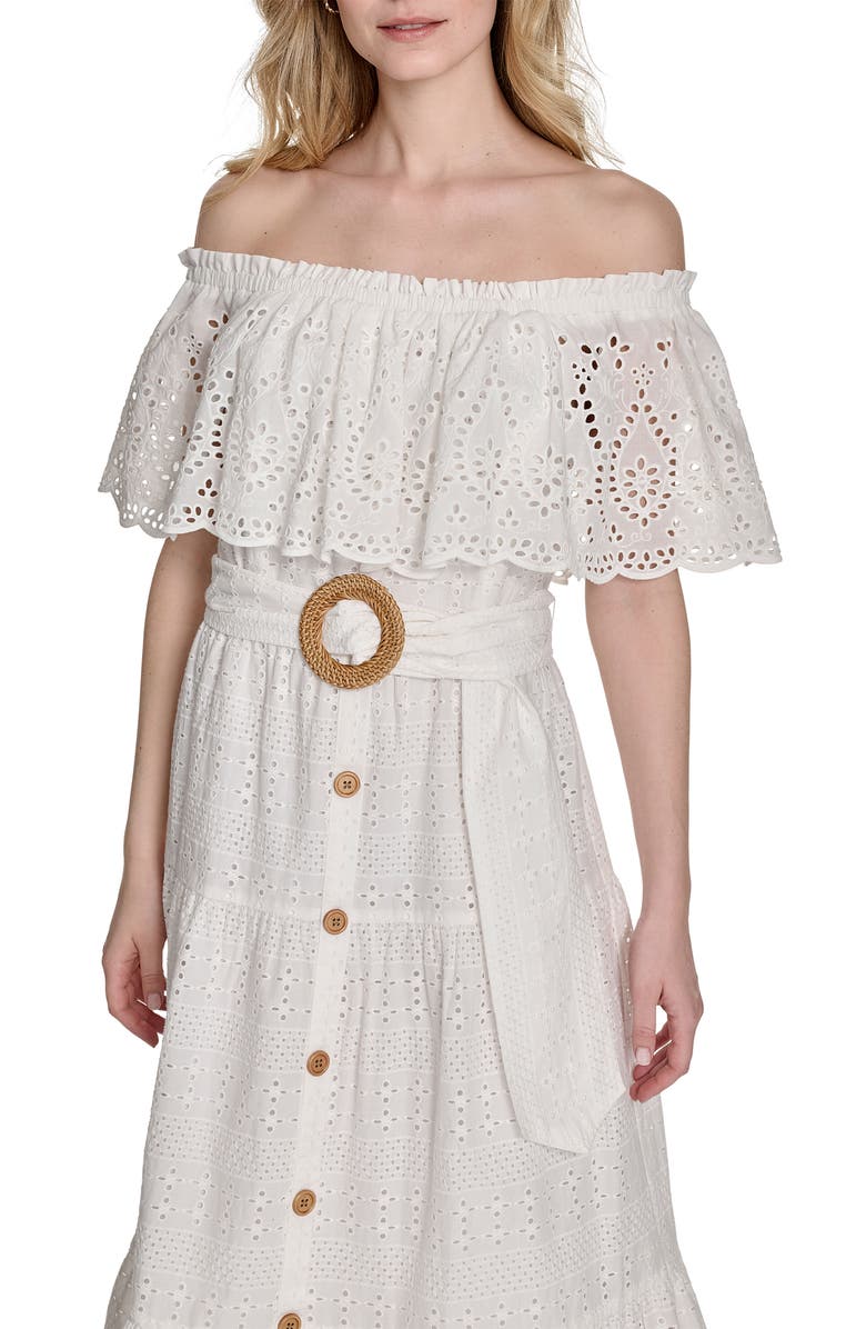 Eliza J Off the Shoulder Midi Dress, Alternate, color, Ivory