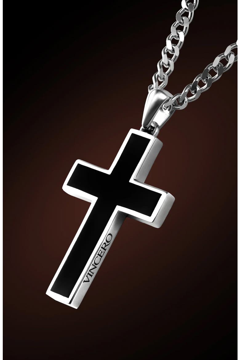 Men's Stone Cross Pendant Necklace, Alternate, color, STERLING SILVER