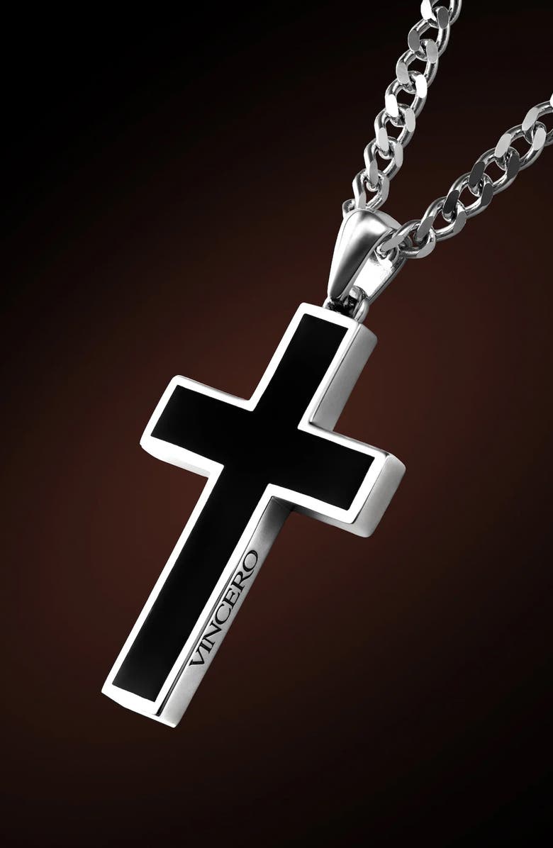 Vincero Men's Stone Cross Pendant Necklace, Alternate, color, Sterling Silver