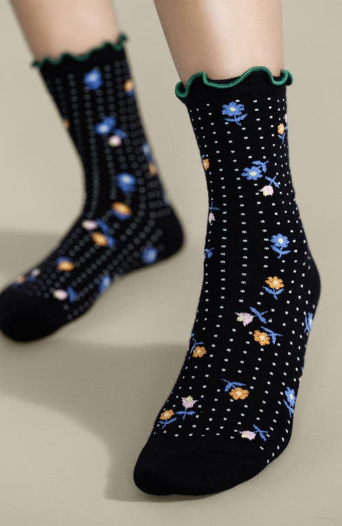 Hansel From Basel Dottie Floral Cotton Blend Crew Socks In Black
