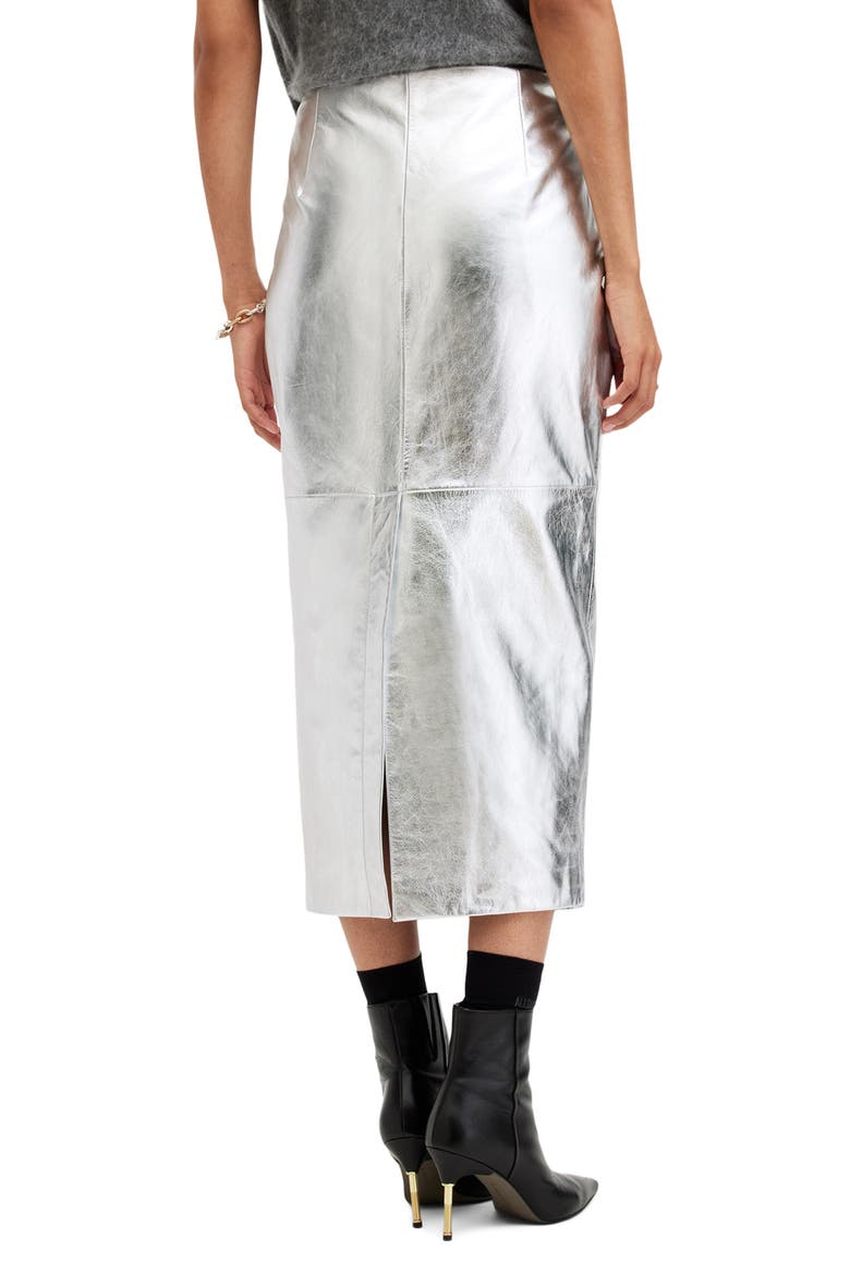 Renai Metallic Leather Midi Skirt, Alternate, color, SILVER