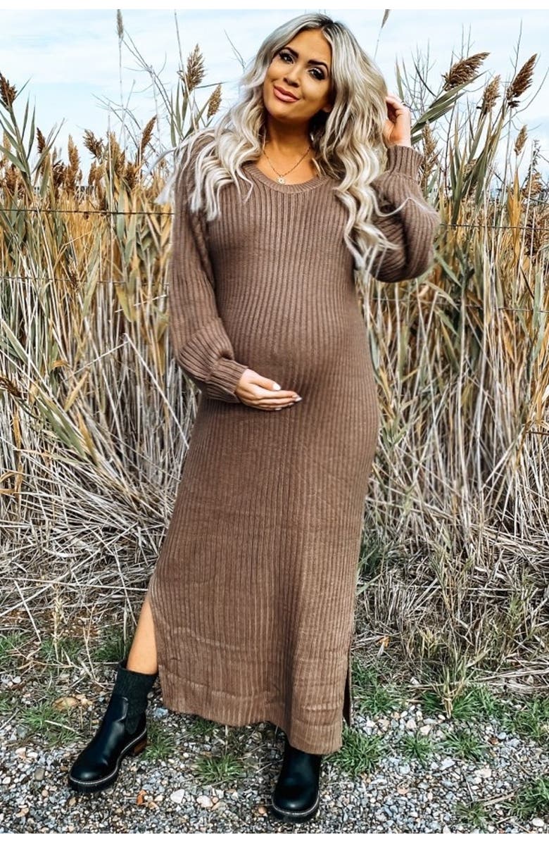 PinkBlush Side Slit Maxi Sweater Dress, Alternate, color, Taupe