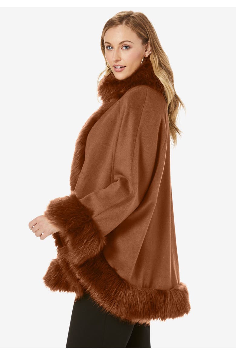 Faux Fur Trim Wool Cape, Alternate, color, COGNAC