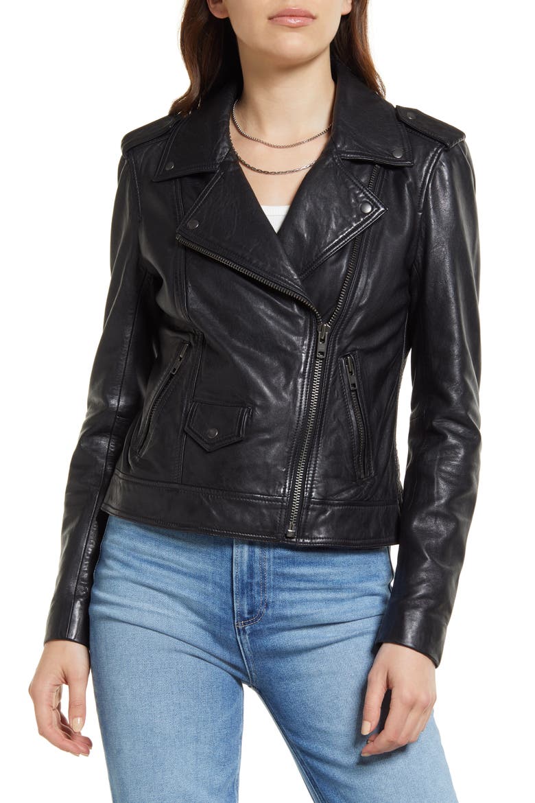 Leather Biker Jacket, Alternate, color, BLACK