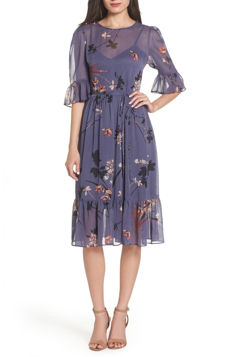 Floral Chiffon Midi Dress, Main, color, BLUE MULTI