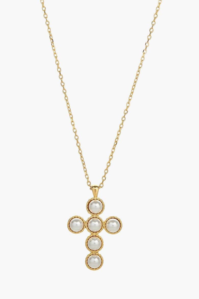 Sterling Silver 18k Gold Plated Victoria Cross Pearl Necklace Dainty Classic, Main, color, Gold