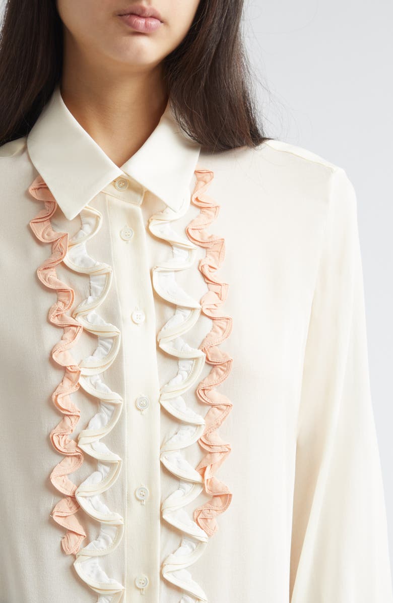 Marni Ruffle Appliqué Silk Crêpe de Chine Button-Up Shirt, Alternate, color, Brown/ Antique White