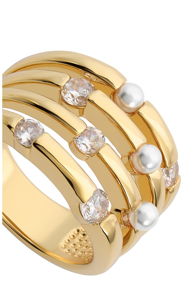 Cubic Zirconia and Faux Pearl Multi Row Ring, Alternate, color, GOLD