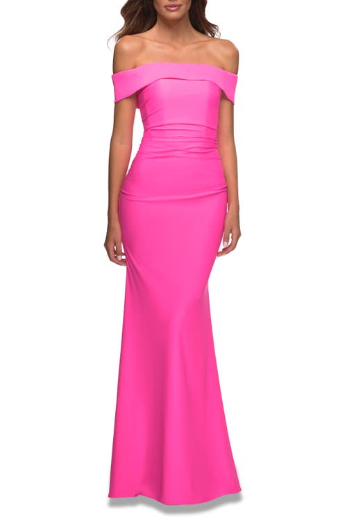 La Femme Long Off The Shoulder Ruched Neon Jersey Dress In Hot Pink