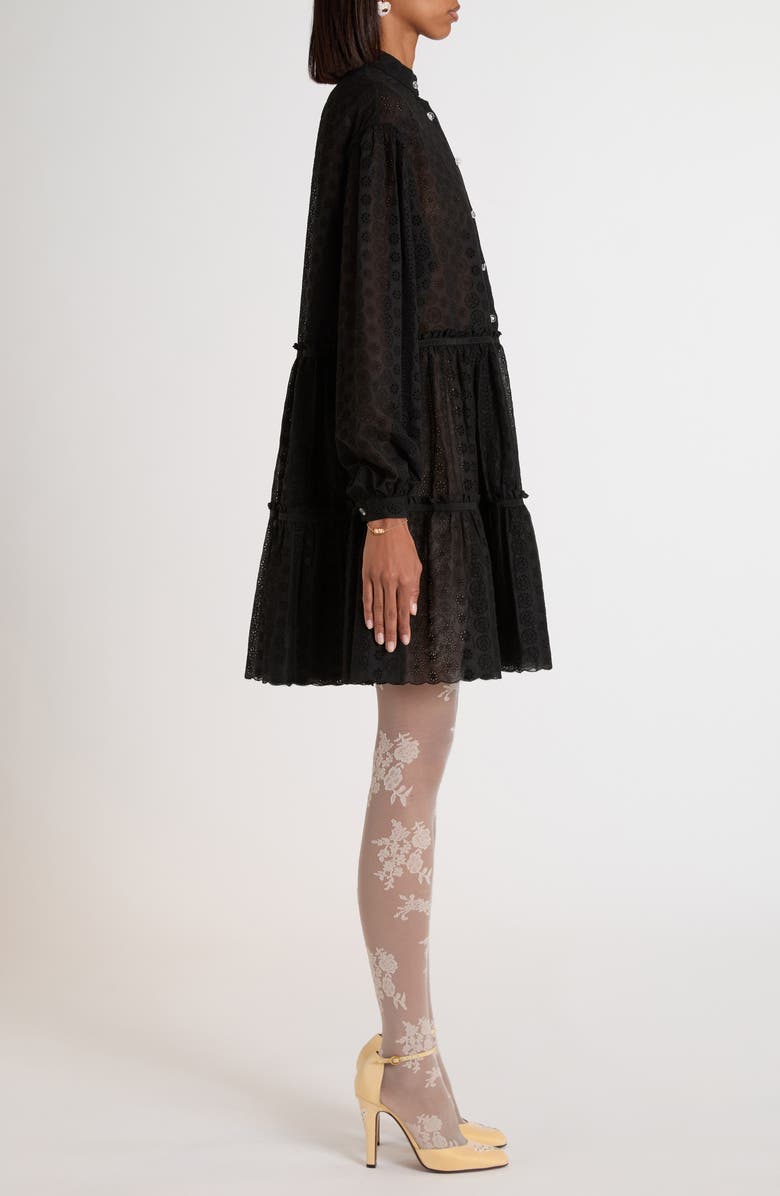 Valentino Garavani Daisy Eyelet Tiered Long Sleeve Dress, Alternate, color, Black