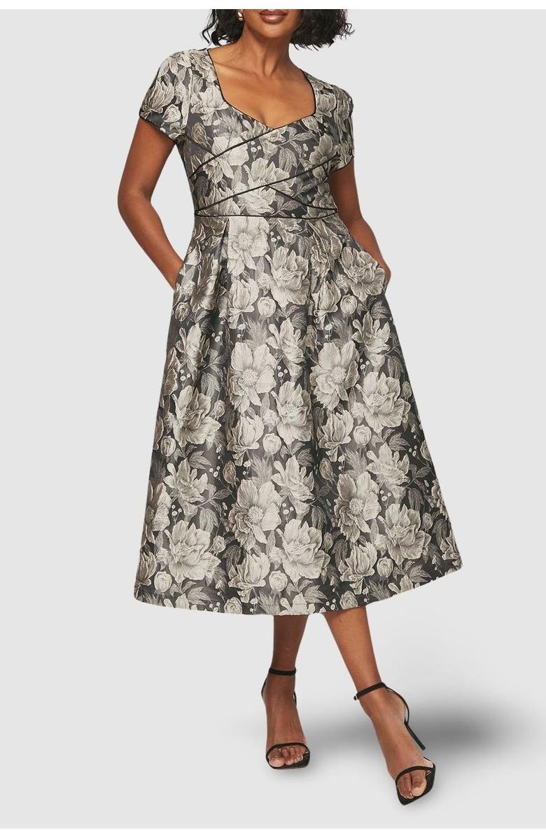 Wallis Jacquard Seam Detail Midi Dress, Alternate, color, Black