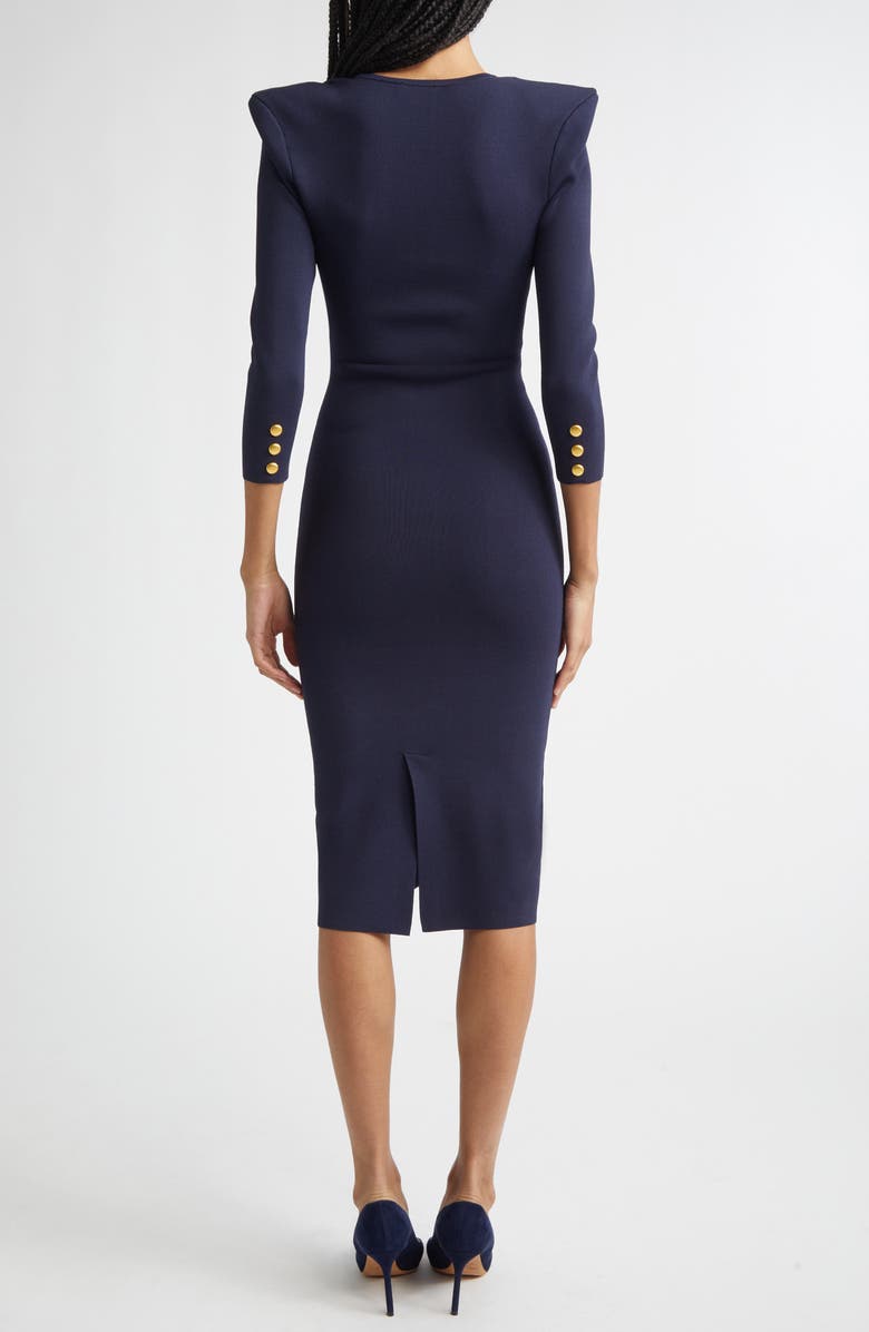 L'AGENCE Mary Padded Shoulder Corset Knit Midi Dress, Alternate, color, Midnight/ Gold