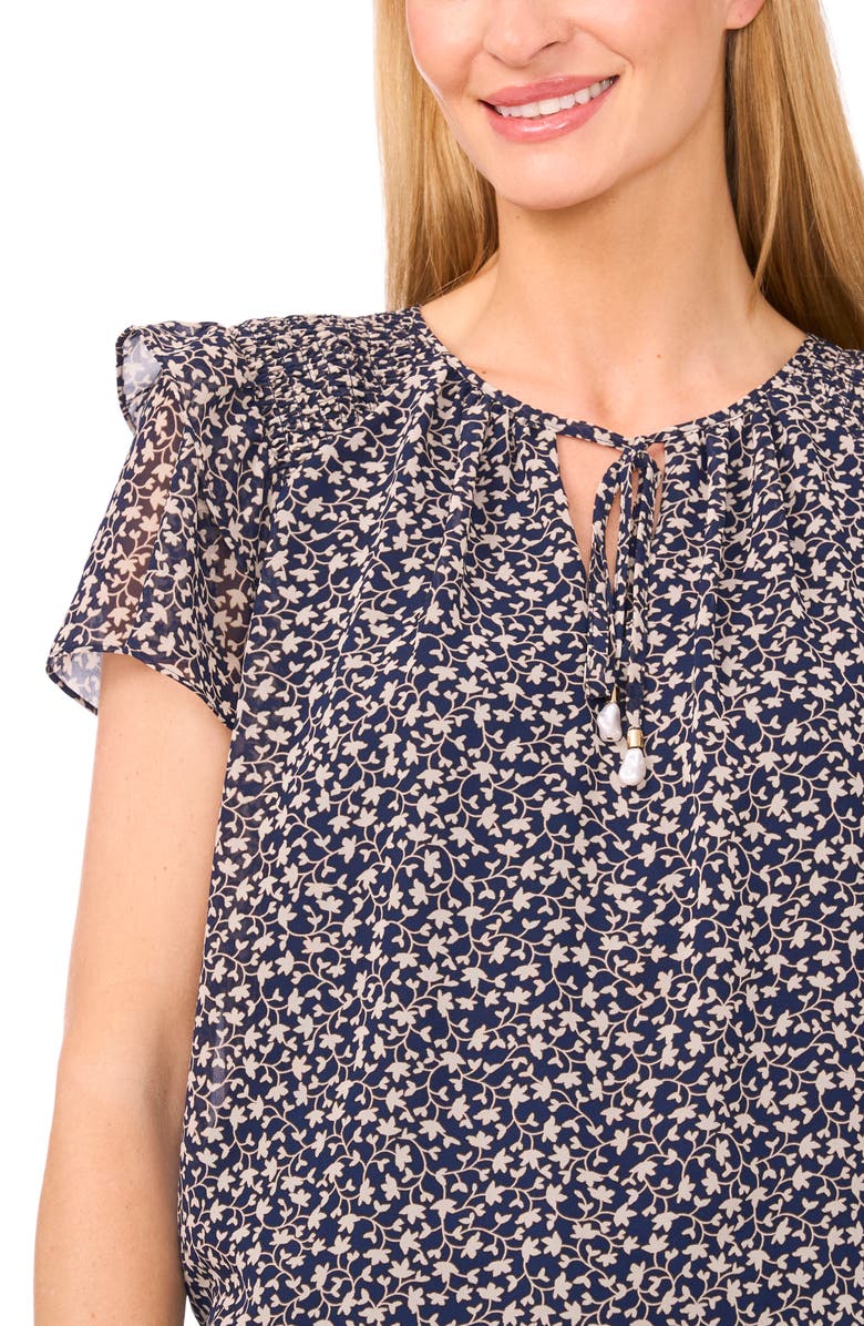CeCe Floral Tie Neck Chiffon Top, Alternate, color, Classic Navy