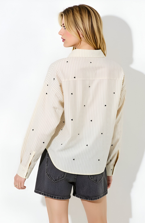 Modenaire Striped Button-up Shirt With Embroidered Hearts And Chest Pocket Detail In Neutral