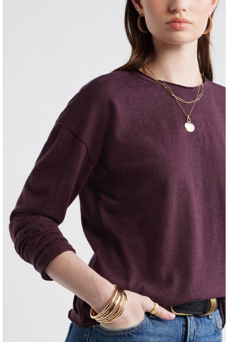 Roll Crewneck Boxy Long Sleeve Cotton Blend Top, Alternate, color, BURGUNDY FUDGE