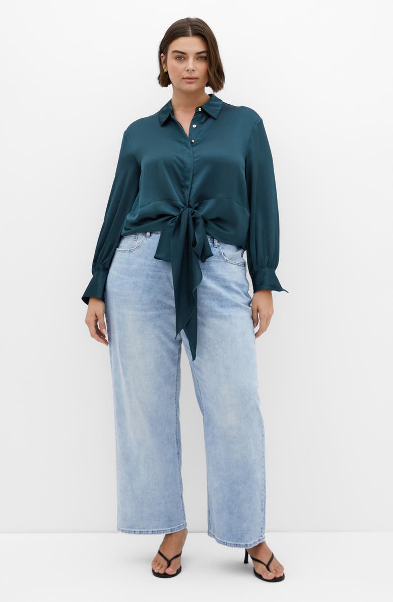 City Chic Ellie Long Sleeve Tie Front Satin Shirt, Alternate, color, Deep Teal