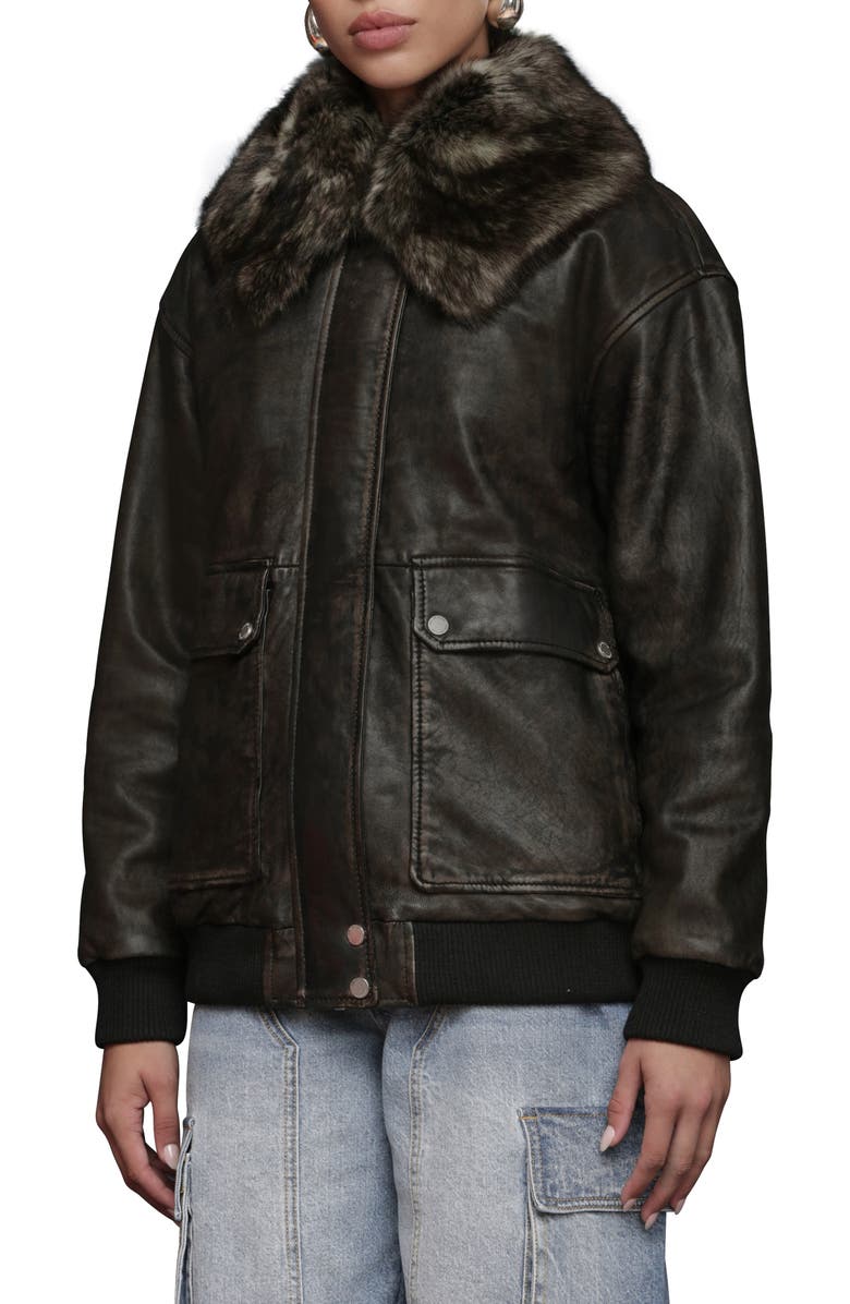 Avec Les Filles Oversize Leather Bomber Jacket with Genuine Shearling Collar, Alternate, color, Washed Black