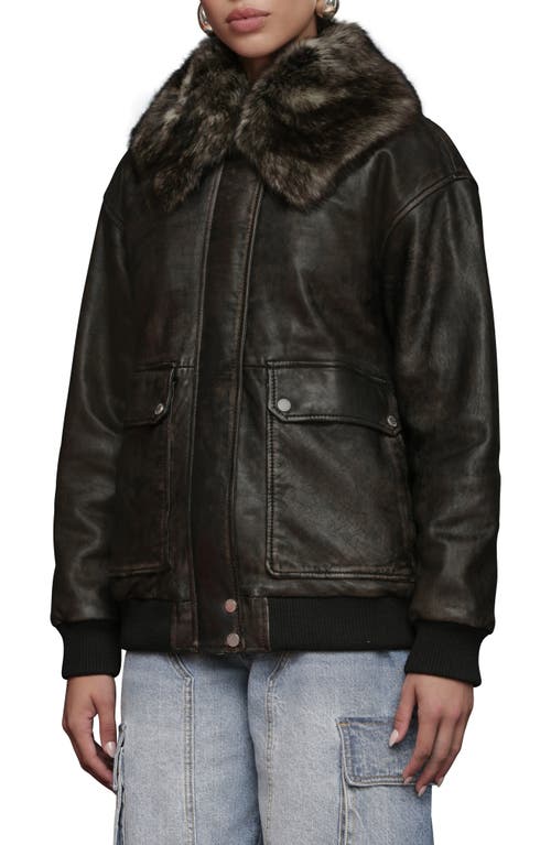 Avec Les Filles Oversize Leather Bomber Jacket With Genuine Shearling Collar In Black