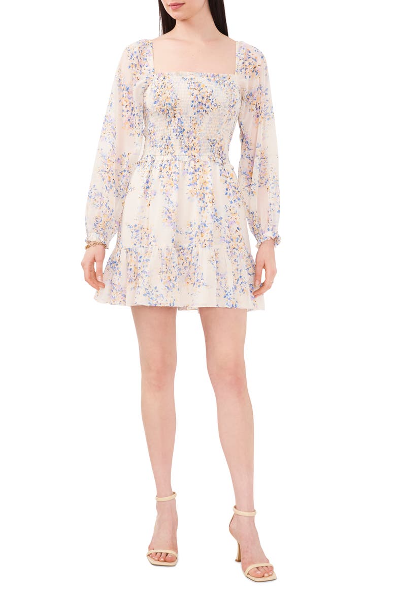Square Neck Smocked Minidress, Main, color, IVORY/ LAVENDER/ BLUE 193