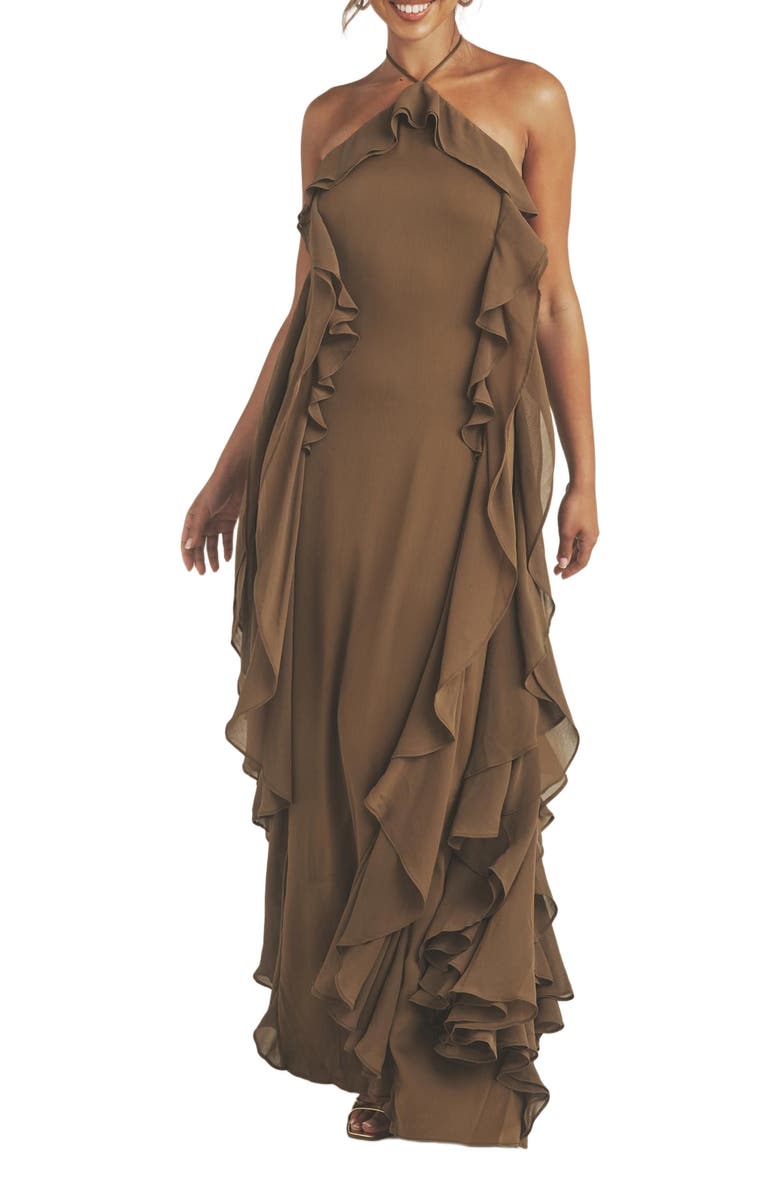 Six Stories Whitney Ruffle Halter Neck Maxi Dress, Alternate, color, Olive