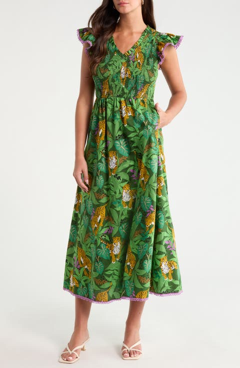 Merlin Smocked Bodice Flutter Sleeve Cotton Midi Sundress