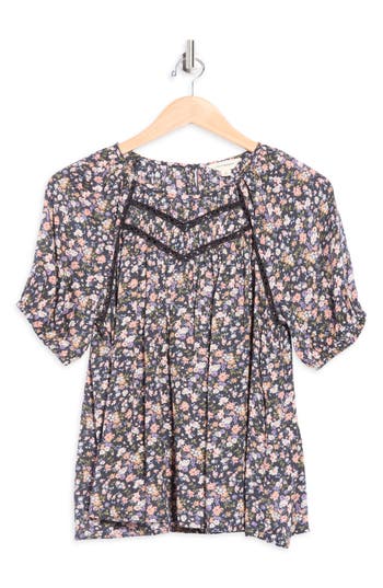Lucky Brand Lace Trim Floral Print Top In Multi