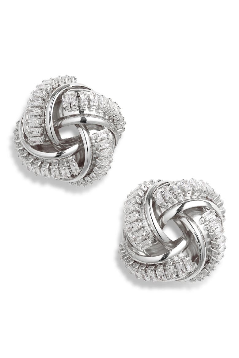 Crystal Knot Stud Earrings, Main, color, RHODIUM CRYSTAL