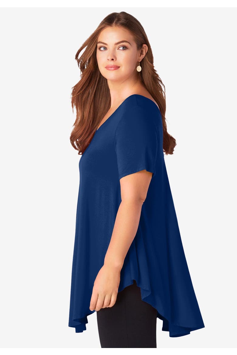Plus Size Ultra Drape V-Neck Swing Tunic Top, Alternate, color, EVENING BLUE