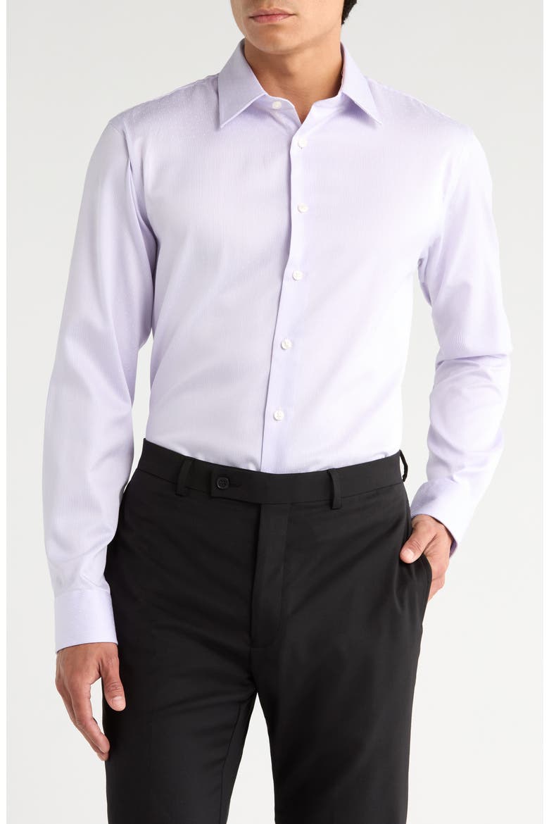 Trim Fit Pinstripe Non-Iron Cotton Dress Shirt, Main, color, PURPLE NEP STRIPE