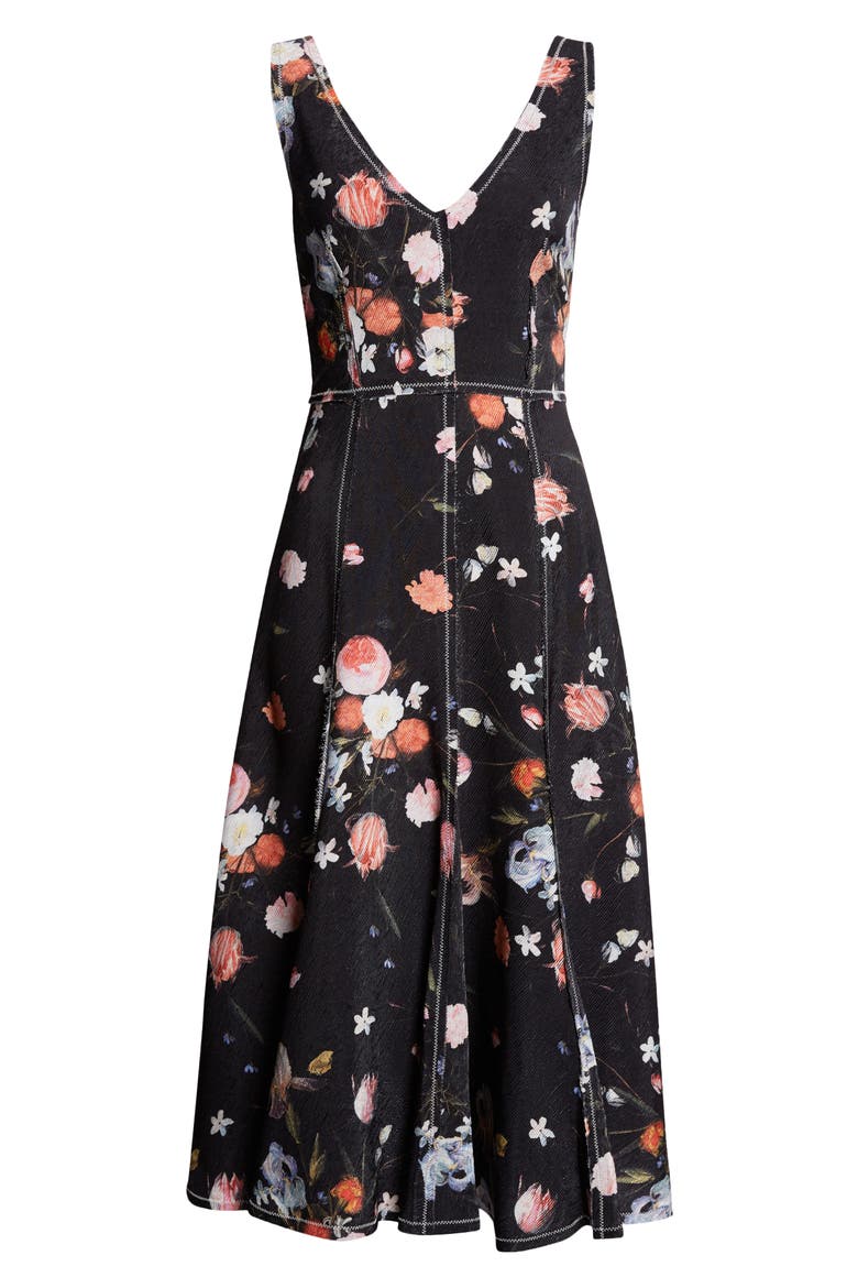 Floral Print Textured Twill Fit & Flare Dress, Alternate, color, DUTCH FLOWER PAINTING BLACK