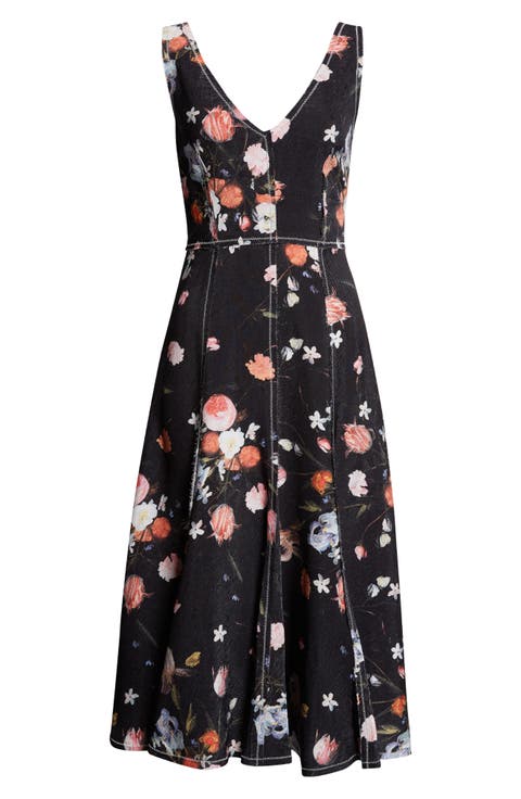 Floral Print Textured Twill Fit & Flare Dress