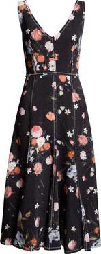 Erdem Floral Print Textured Twill Fit & Flare Dress